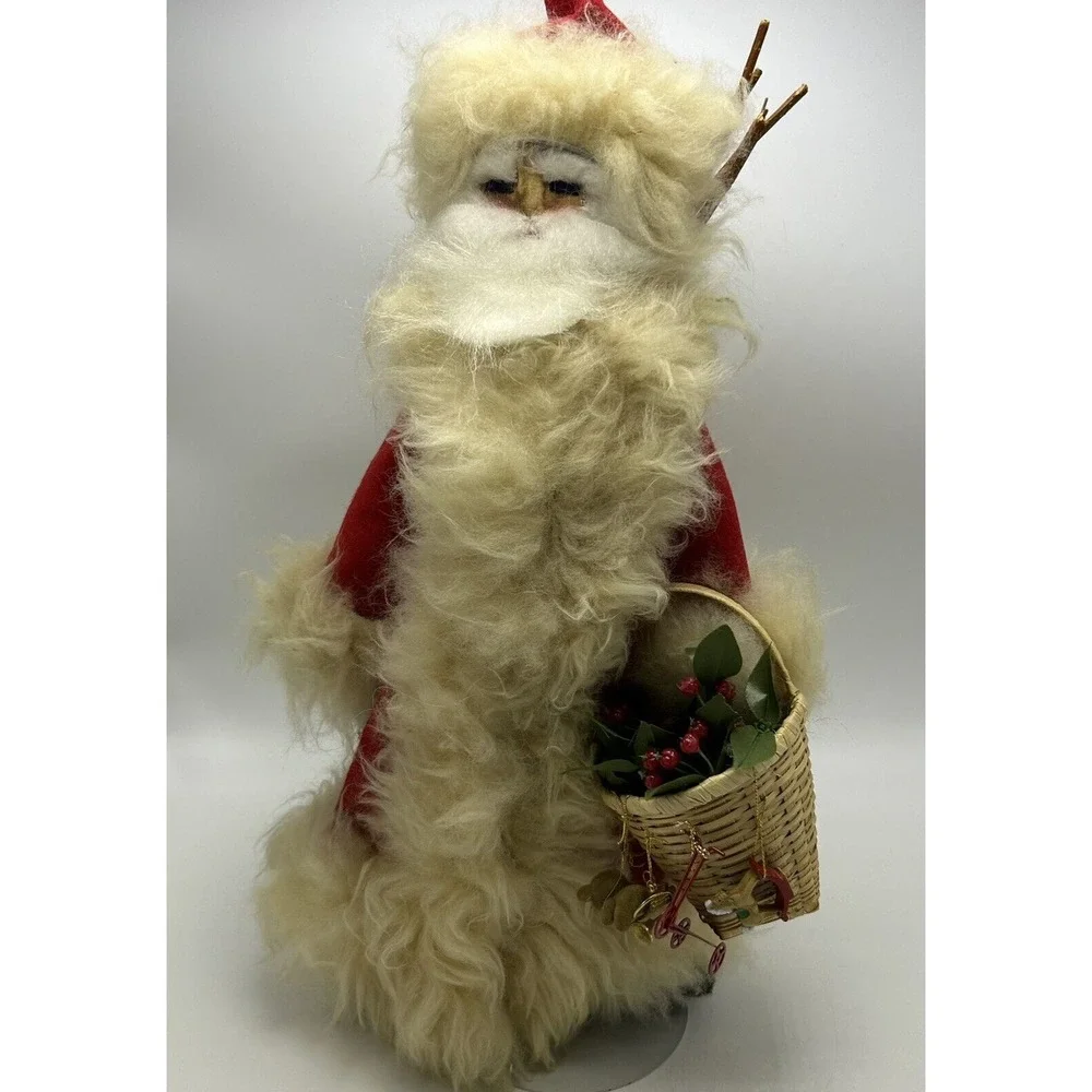 Santa Figure Handmade Primitive Sheepskin Trim 18 in Stand Red Christmas Holiday